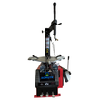 Red and black tire changer, front view with tower, mount arm, turntable, bead breaker pedal and three foot pedals