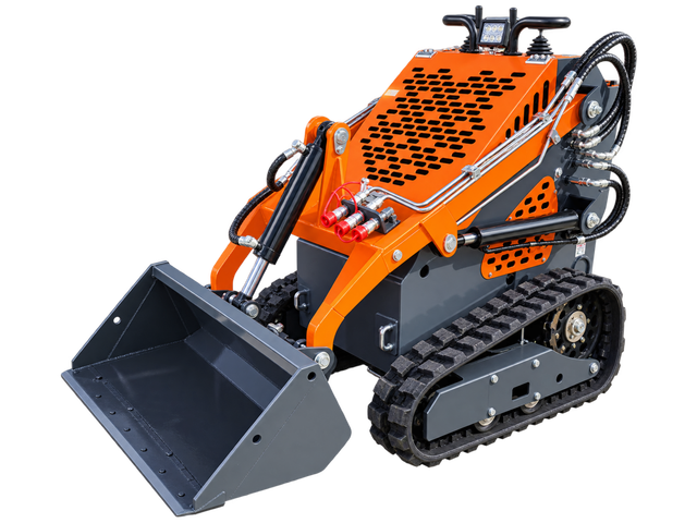 AGT YSRT14 mini skid steer studio render, 3/4 view with bucket lowered
