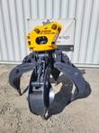 ALSEG08 five-tine rotating grapple, yellow rotator head and gray claws open, fits CAT 307/308