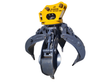 ALSEG08 rotating grapple, yellow rotator head lettered FIT CAT307/308, five open gray tines, white background