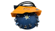Arteer stump grinder, front-on: bolted tooth holders around the cutting wheel, orange debris shield, hydraulic hoses