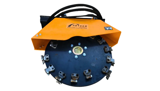 Arteer stump grinder, front-on: bolted tooth holders around the cutting wheel, orange debris shield, hydraulic hoses