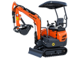 Orange ATS-ME18 mini excavator, black canopy, boom raised with bucket and thumb, dozer blade and rubber tracks