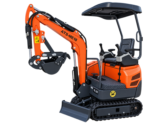 Orange ATS-ME18 mini excavator, black canopy, boom raised with bucket and thumb, dozer blade and rubber tracks