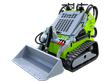 Green ATS T460 stand-on mini skid steer, gray bucket lowered, rubber tracks, LED work lights and red hydraulic couplers