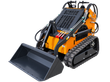Orange mini skid steer with rubber tracks, black bucket and red auxiliary hydraulic couplers