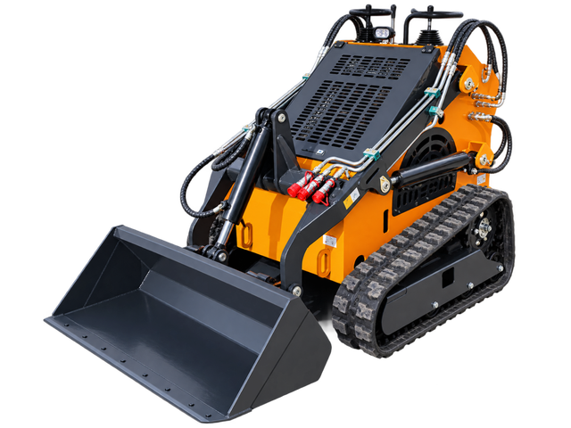 Orange mini skid steer with rubber tracks, black bucket and red auxiliary hydraulic couplers