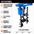 Key features graphic: blue hydraulic skid steer auger drive with 8, 12 and 16 inch black auger bits