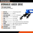 Spec sheet for the hydraulic auger drive: 2in round output shaft, 20-30 GPM, 226-347 RPM, 490 lbs