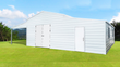 White 42x30 galvanized steel garage, enclosed bay with double doors and walk door, open lean-to carport