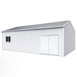 White 25x28x15 enclosed metal workshop building with gray roof, double doors and window