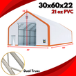 Dimension diagram of the 30x60x22 dual truss PVC building: 22ft peak, truss frame inset