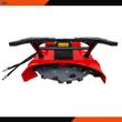 Red disc mulcher: gray cutting wheel with bolt-on teeth, 30-45 GPM decal, quick-attach plate and hydraulic hoses