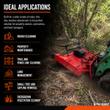 GIYI disc mulcher clearing brush on a track loader; applications graphic: brush, trails, fence lines, sapling removal