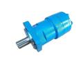 Blue cycloidal hydraulic motor from the side, splined shaft pointing left and 4-hole flange