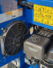 AGT mini skid steer engine bay: hydraulic oil cooler fan on the blue frame next to the gasoline engine