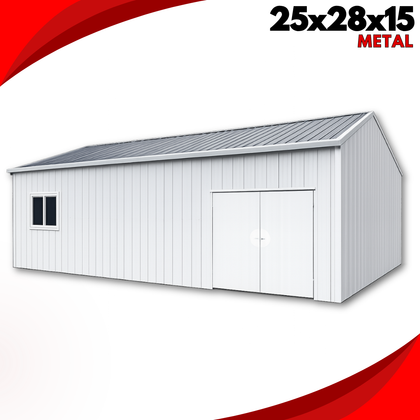 25x28x15 metal workshop graphic, white building with gray roof, double doors and sliding window