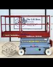 Skyjack scissor lift lowered, red platform deck overhanging the gray chassis on white non-marking tires