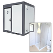 White hard-sided portable restroom, charcoal frame and latching door, with inset of the interior shower stall and pan