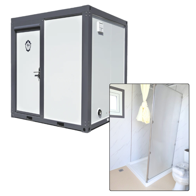 White hard-sided portable restroom, charcoal frame and latching door, with inset of the interior shower stall and pan