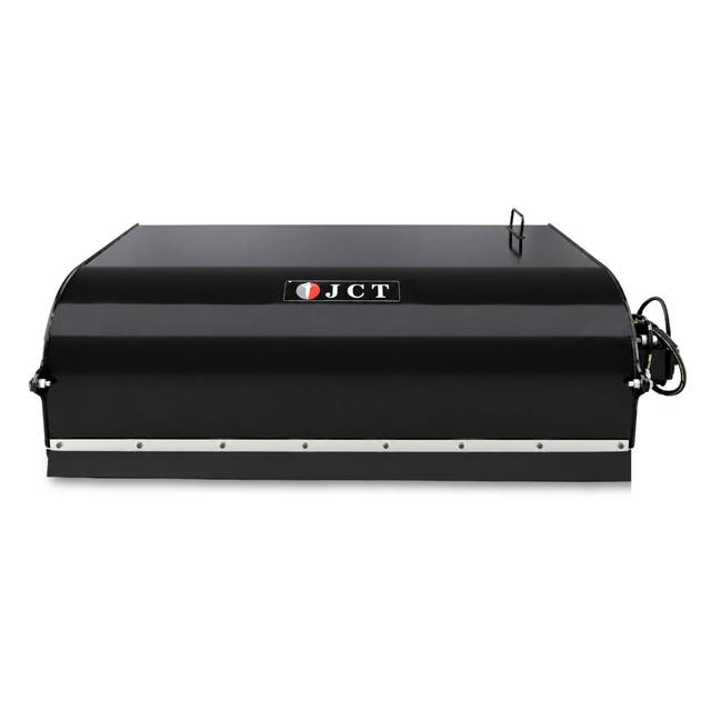 JCT 72in box broom front view, lift handle on the hood, bolt-on cutting edge and hydraulic motor at the end