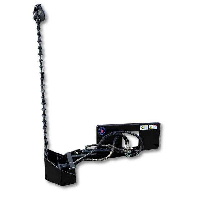 Wolverine sickle bar mower folded vertical: toothed cutter bar, pivot arm with hydraulic cylinder, quick-attach plate