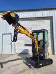 AGT H13R mini excavator with boom raised and the toothed bucket curled at full dump height, thumb open