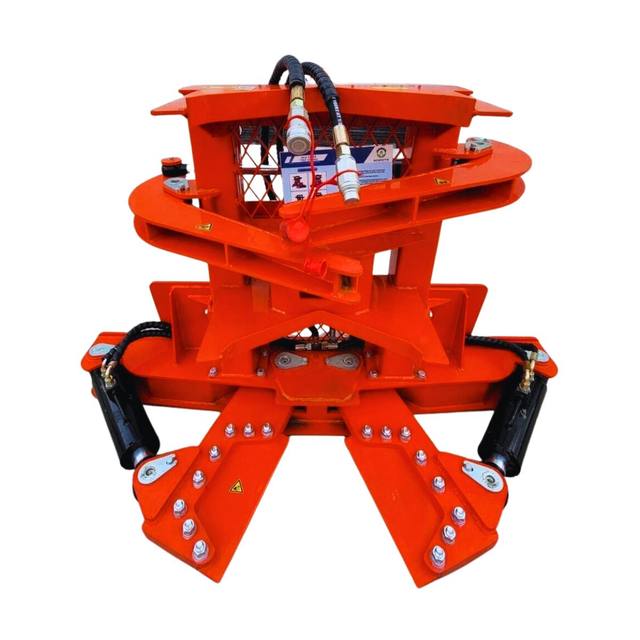 Orange TopCat tree shear with the cutting blades spread open, clamp ring above and hydraulic hoses coiled on top