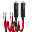 Two cigarette lighter plugs with red LED indicators and red and black coiled leads ending in bullet terminals