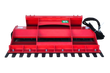 Red bi-directional power rake land leveler, hydraulic hoses coiled at the side and a row of black leveling teeth