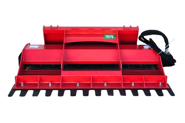 Red bi-directional power rake land leveler, hydraulic hoses coiled at the side and a row of black leveling teeth