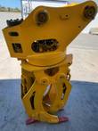 ALS1638 rotating grapple, yellow head with tines closed, pin-on mount plate and rotator bearing