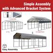 Assembly diagram for the 11x20 all-steel carport: frame, fix, roof install and finished steps