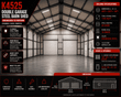 Spec banner: 45x25 steel garage interior, building dimensions, and door specs