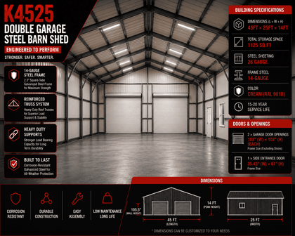 Spec banner: 45x25 steel garage interior, building dimensions, and door specs