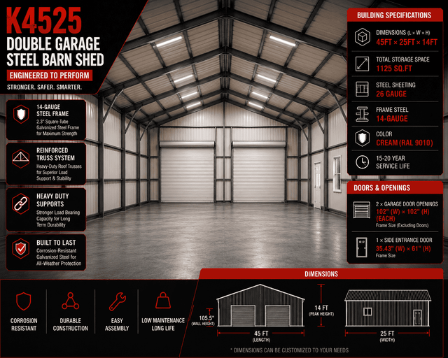 Spec banner: 45x25 steel garage interior, building dimensions, and door specs