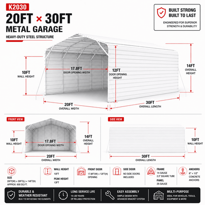 Dimension diagram of the 20x30x14 metal garage: 17.8 ft door opening, 10 ft wall height