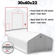 Covermore 30x60x22 dual truss fabric building, white PVC cover, 13' x 16' winch door and man door on both ends