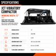 Spec sheet for the JCT vibratory compactor: 72-inch working width, 2000 VPM, 33 KN exciting force, 18 GPM output flow