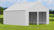 White 33x25 steel garage render, two open door bays showing the interior steel framing