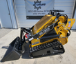AGT MX-CRT23 mini skid steer in yellow and black with a black bucket, rubber tracks and twin joystick controls
