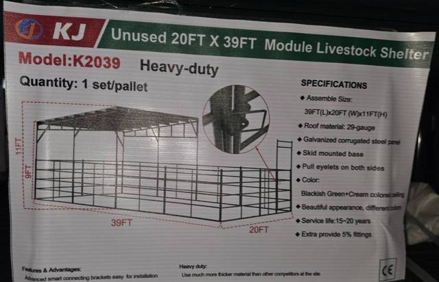 Spec diagram of the 20x39 modular livestock shelter frame: 39x20x11ft, skid-mounted base
