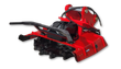 Red Captok excavator disc mulcher, pin-on mount, hydraulic motor, spiral-wrapped hoses and black toothed cutting disc