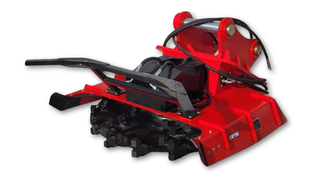 Red Captok excavator disc mulcher, pin-on mount, hydraulic motor, spiral-wrapped hoses and black toothed cutting disc