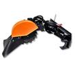 Wolverine stump grinder attachment: orange wheel guard, toothed cutting wheel, hydraulic hoses, skid steer mount plate
