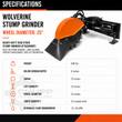 Wolverine stump grinder spec graphic: 25-inch wheel, 32 carbide teeth, 608 lb, 8-inch below-ground depth, 15-30 GPM