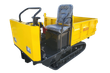 Yellow ride-on tracked mini dumper, steel dump bed, plastic-wrapped operator seat, control levers and front LED lights