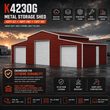 Spec banner: 42x30x13 red-brown metal storage shed, three roll-up doors, feature icons and dimensions