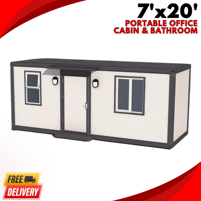 Promo graphic: 7x20 portable office cabin render with bathroom, free delivery badge