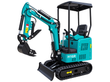 CFG H16R mini excavator, teal, boom extended with bucket and hydraulic thumb, dozer blade down